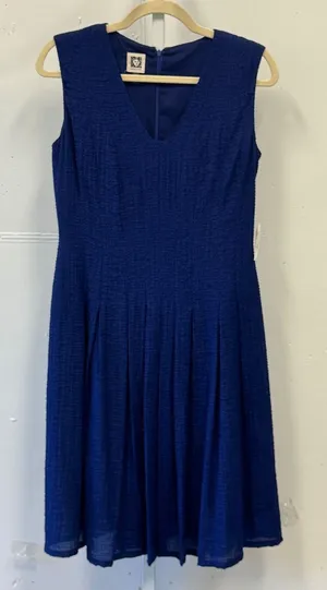 NWT Anne Klein Ultramarine Blue Textured V-Neck Pleated Fit & Flare Dress Size 2 thumbnail 1