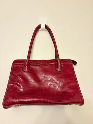 Red Croc Embossed Satchel Handbag 3 Buckle Pockets Structured Tote thumbnail 4