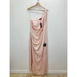 Lulus Dreaming Elegance Blush Pink Satin One Shoulder Maxi Dress Formal 1X NWT thumbnail 5