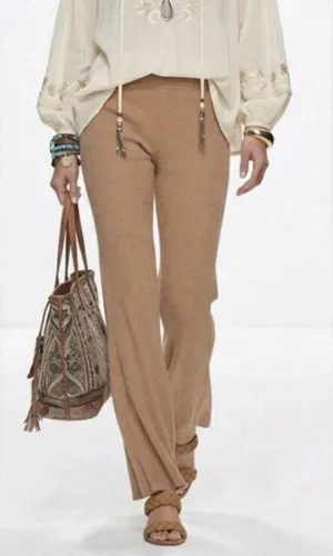 FRAME Camel Ribbed Knit Flare Wide Leg Pants L High Waist Pull On Lounge Stretch thumbnail 1