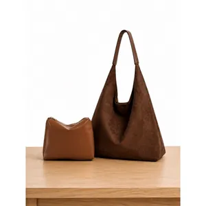 Coffee Brown Suede Slouchy Hobo Tote Crescent Bag Set + Mini Suede Shoulder Bag thumbnail 4