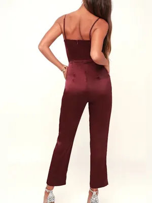 Lulus Women’s Touch of Heaven Burgundy Satin Sleeveless Jumpsuit size Large thumbnail 2