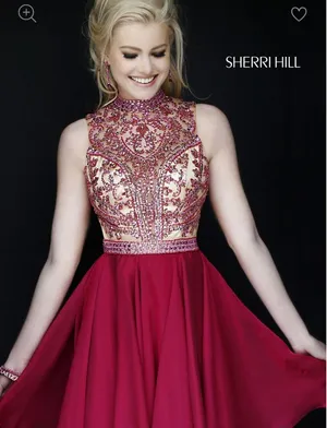 Sherri Hill Fuchsia and Gold Beaded High-Neck Prom Dress thumbnail 1