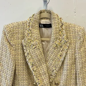 Zara Tweed Fringe‎ Double Breasted Classic Blazer Checkered Medium 2460/137/330 thumbnail 4