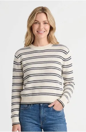 Madewell Sweater Small Striped Textured Stitch Cotton Crewneck Ivory Black NZ323 thumbnail 1