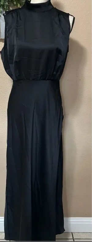 Lulus Classic Elegance Black Satin Sleeveless Mock Neck Maxi Dress thumbnail 1