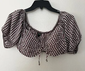 wild fable gingham puff-sleeve crop top  thumbnail 1