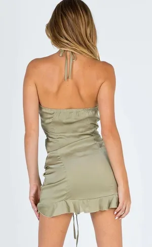 Princess Polly Sage Green Satin Halter Dress Ruffle Hem thumbnail 4