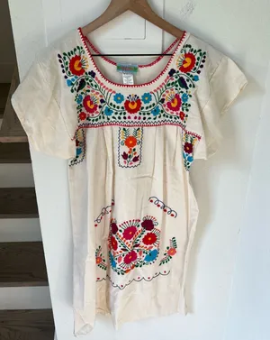 Nativa Puebla Hand Embroidered Mexican Peasant Dress in Cream thumbnail 1