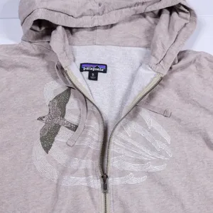 Patagonia Zip Up Hoodie Women XL Tan Bird Graphic Organic Cotton Fleece Jacket thumbnail 2