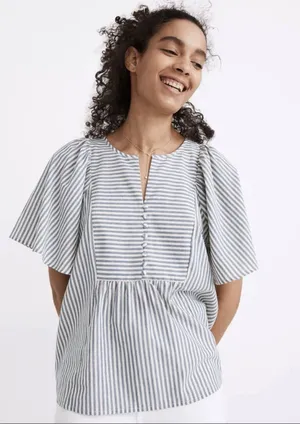 Madewell Courtyard Striped Puff Sleeve Peplum Blouse Medium Blue White Button Fr thumbnail 1