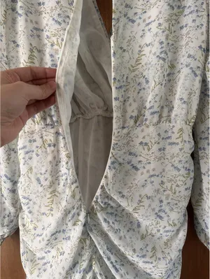 MABLE Ruffle Ivory / Blue Floral Puff Sleeve Rouched Mini Dress Women’s Small thumbnail 12