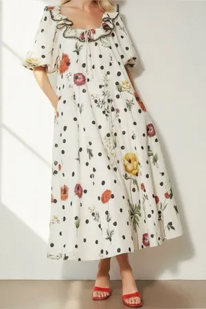 NEW ZOCO. Good Luck Puff Sleeve Dress, Polka Dot Floral, Large thumbnail 1