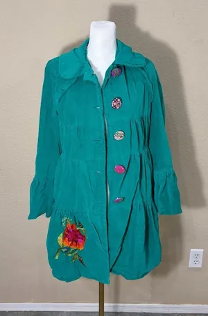 Whimsical vibrant green Judith March coat Measure Like Small Satin lined Boho thumbnail 1
