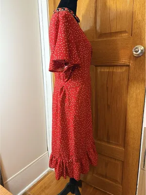 Red Polka Dot Wrap Dress Flutter Sleeve V Neck Tie Waist Women’s Dress thumbnail 4