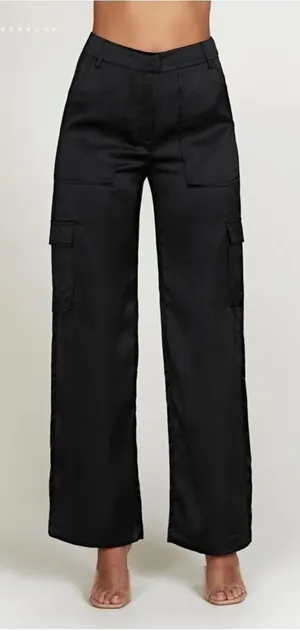 MESHKI Amaya Lace Up‎ Cargo Pants Black Satin Wide Leg Size S thumbnail 1