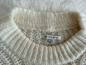 American Eagle Cream Chunky Knit Pointelle Crewneck Sweater Size XS thumbnail 2