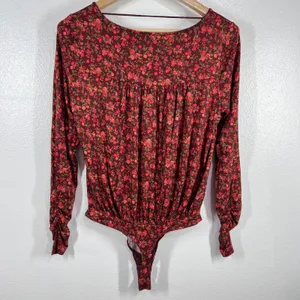Free‎ People Intimately Kaya Print Cutout Bodysuit Chocolate Combo Womens Medium Red thumbnail 4