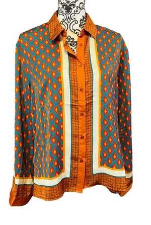 Rose + Olive Women Orange and Blue Button Down Blouse Top Sz-Medium thumbnail 1