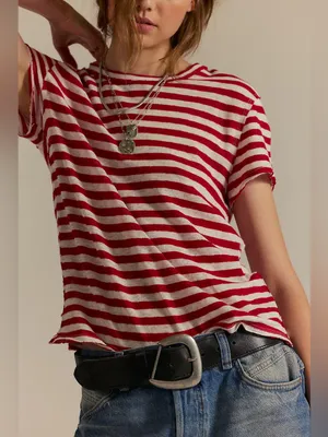 NWT Free People We The Free Nora Striped Linen Tee - Red Combo - XL thumbnail 5