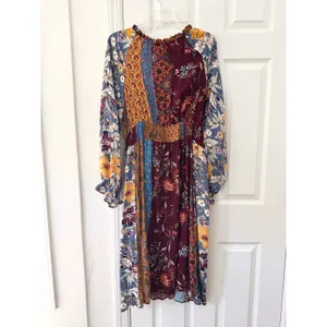 Oddi ODDY Bohemian Patchwork Mixed Print Midi Dress Bishop Sleeve Floral Large thumbnail 9