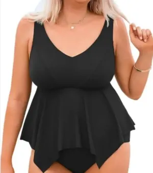 CUPSHE Plus Size Tankini V Neck High Waisted Asymmetric Flowy Hem,Black, 2X, NWT thumbnail 1