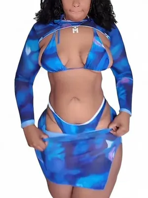 Blue‎ mesh long sleeve BIKINI skirt set SIZE LARGE thumbnail 1