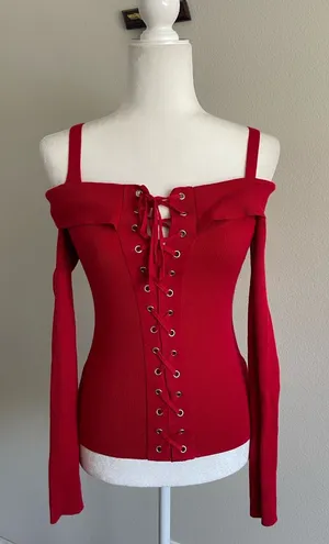 Guess Off-the-Shoulder Lace-Up Sweater in Red thumbnail 1