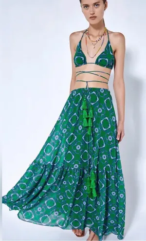 Alexis Green Meadow Tie Dye Chiffon Print Tassel Tie Maxi Skirt thumbnail 1