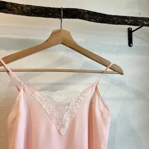 Vintage 1970s Handmade Pale Pink Lace Trim Silky Slip Lingerie Dress - XS thumbnail 2