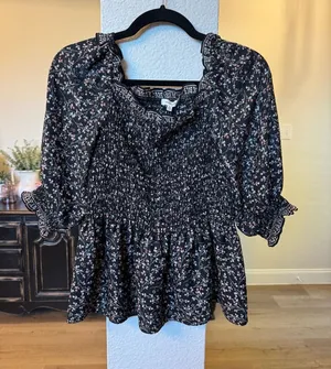 Max Studio Women's Black Floral Smocked Square Neck Peplum Blouse Size L thumbnail 1