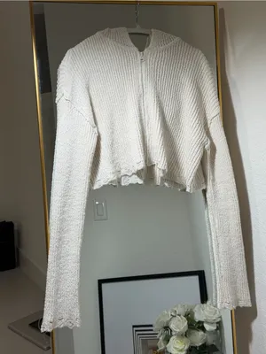 Moon & Madison Knit Hooded Zip Women Sweater in Off-White - L thumbnail 2
