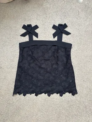 Banana Republic Limited Edition Navy Lace Overlay Bow-Shoulder Sleeveless Blouse thumbnail 2