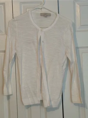 LOFT White Lightweight Round-Neck Button Cardigan thumbnail 1