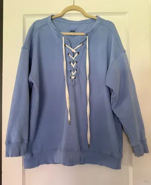 Aerie Light Blue Lace-Up Sweatshirt, Medium thumbnail 1