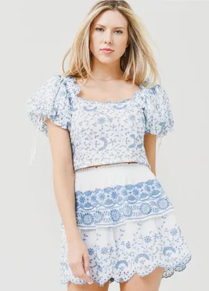 LoveshackFancy Melina blue and white floral embroidered top Size 4. Retail $345; NEVER WORN #brunch #spring thumbnail 1