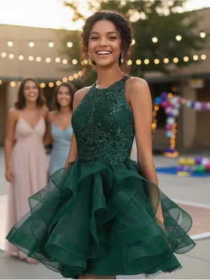 Princess Scoop Short Tulle Lace Homecoming Mini Dress With Sequins Dark Green thumbnail 1