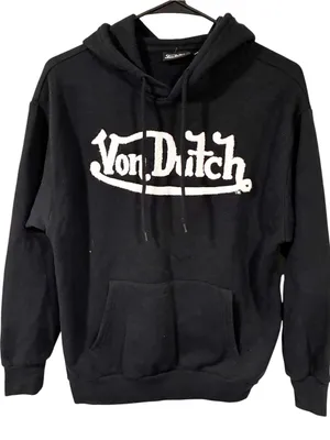 Von Dutch Unisex Size Small Black White Sherpa Letter Pullover Hooded Sweatshirt thumbnail 1