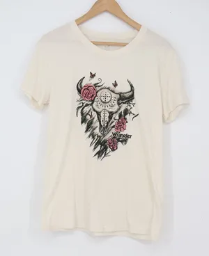 Wrangler Graphic Tee Womens S Short Sleeve Cream Bull Skull Rose Excellent thumbnail 1