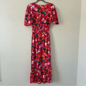 Anthropologie Abel the Label Red Pink Floral Smocked Waist Hi Lo Ruffle Dress M thumbnail 3