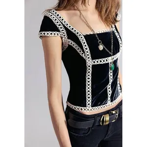 NWT!! FREE PEOPLE Tyler Velvet Corset Top Black Cream Embroidered Bohemian Large thumbnail 4