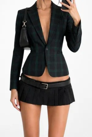 Vintage Y2K Blue Plaid Checkered Wool Blend Padded Shoulder Blazer Jacket Size S thumbnail 1