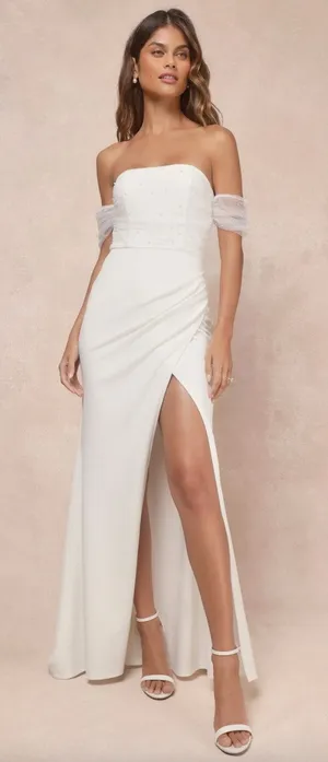 NEW Lulus Profound Glamour Ivory Pearl Off-the-Shoulder Tulip Maxi Dress Large thumbnail 1