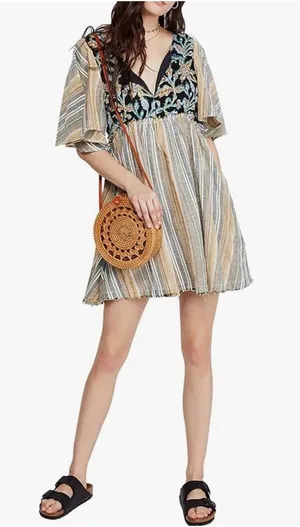 Free People Under The Sun Tunic Dress Mixed Print Floral Striped Boho Festival thumbnail 1