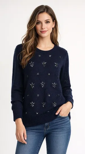 J. Crew NWT Womens Navy Blue Jeweled Embellished Mohair Wool Blend Sweater‎ S thumbnail 1