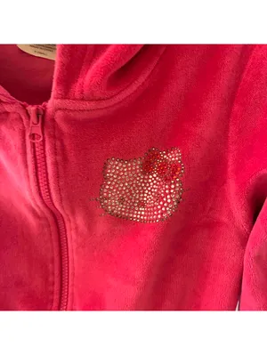Hello Kitty Sz XS Hot Pink Rhinestone Soft Velour Fill Zip Hooded Jacket thumbnail 3