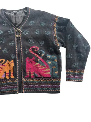 Vintage Cat Knit Sweater Jacket Sz L Novelty Folk Art Granny Cottage Whimsigoth thumbnail 3