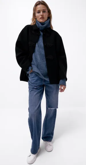 ZARA Black Wool Blend Toggle Coat Jacket thumbnail 1