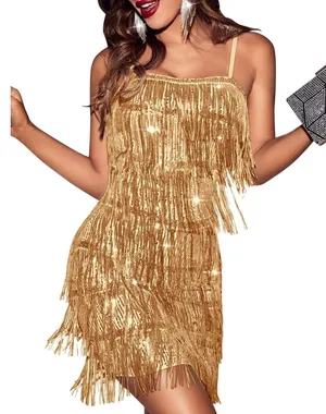 NWT Madam Uniq Womens Gold Sequin Tassel Mini Dress Fringe Party Gown Medium thumbnail 1