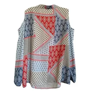 Chicos Cold Shoulder‎ Tie Neck Patchwork Blouse Red White Blue Size 2 Large thumbnail 5